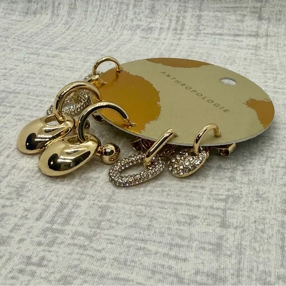 NWT Anthropologie Gold Plated Glam Rock Huggie Hoop Earrings, Set of 3 - Picture 2 of 4